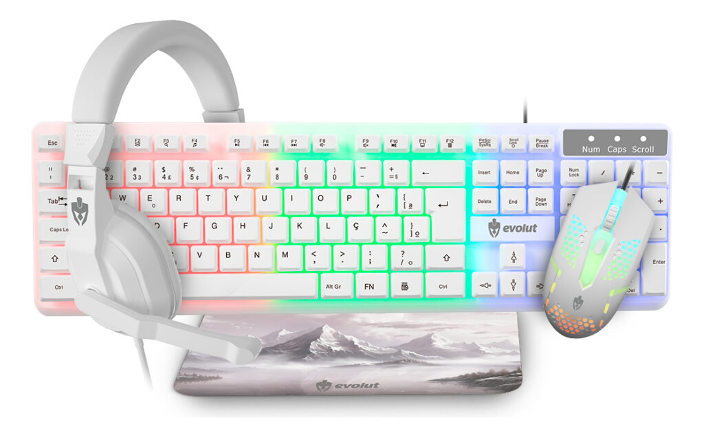 KIT GAMER BRANCO COM TECLADO MEMBRANA, MOUSE COM 1600 DE DPI, HEADSET E MOUSE PAD - STARTER EVOLUT