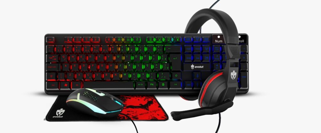 KIT GAMER PRETO COM TECLADO MEMBRANA, MOUSE 1600 DE DPI, HEADSET E MOUSEPAD EG-54 STARTER EVOLUT
