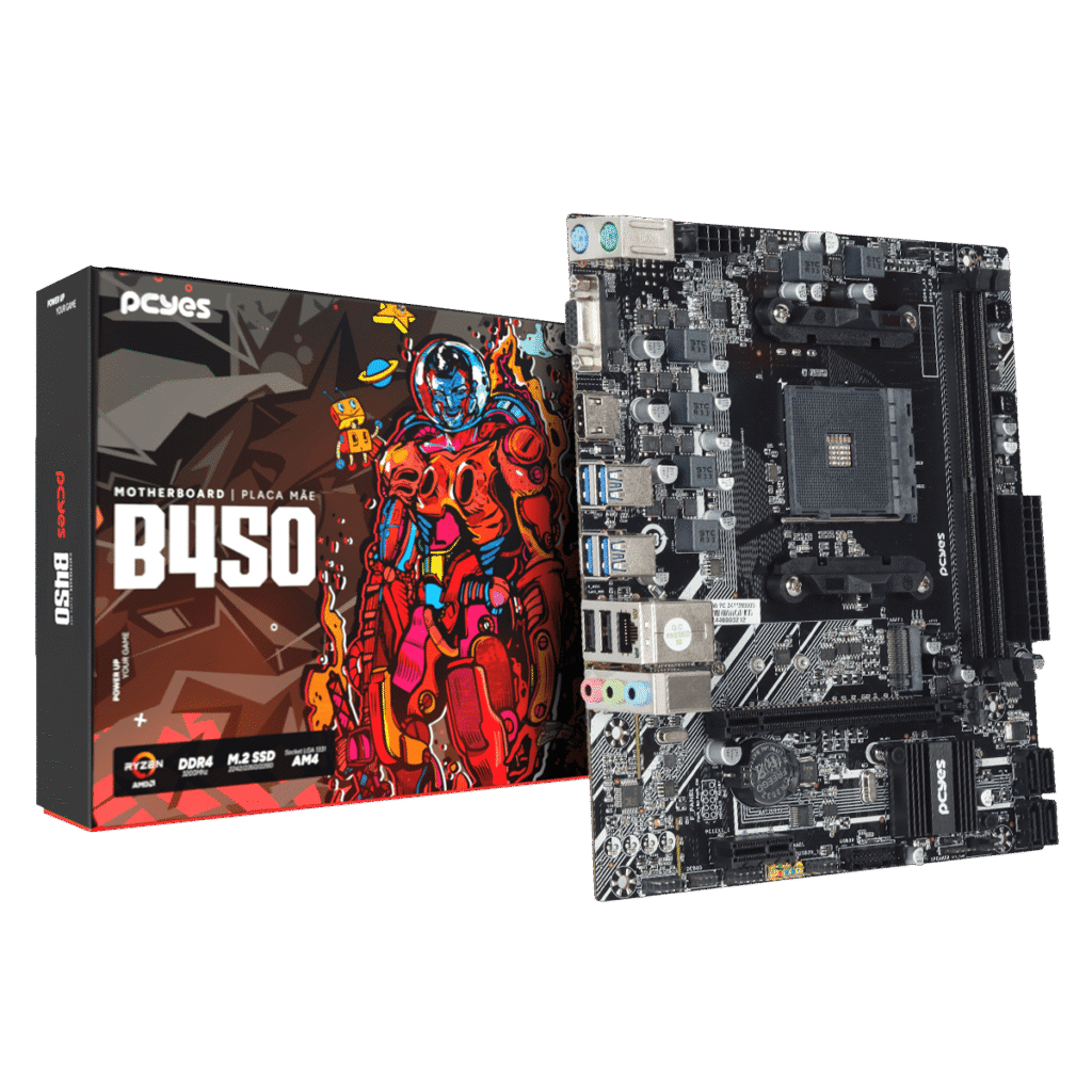 PLACA MAE PCYES B450 AM4 2XDDR4 (MAX 64GB) M.2 NVME 4XUSB 3.0 2XUSB 2.0 REDE 1000 HDMI/VGA M-ATX - PCYB450-RZ564