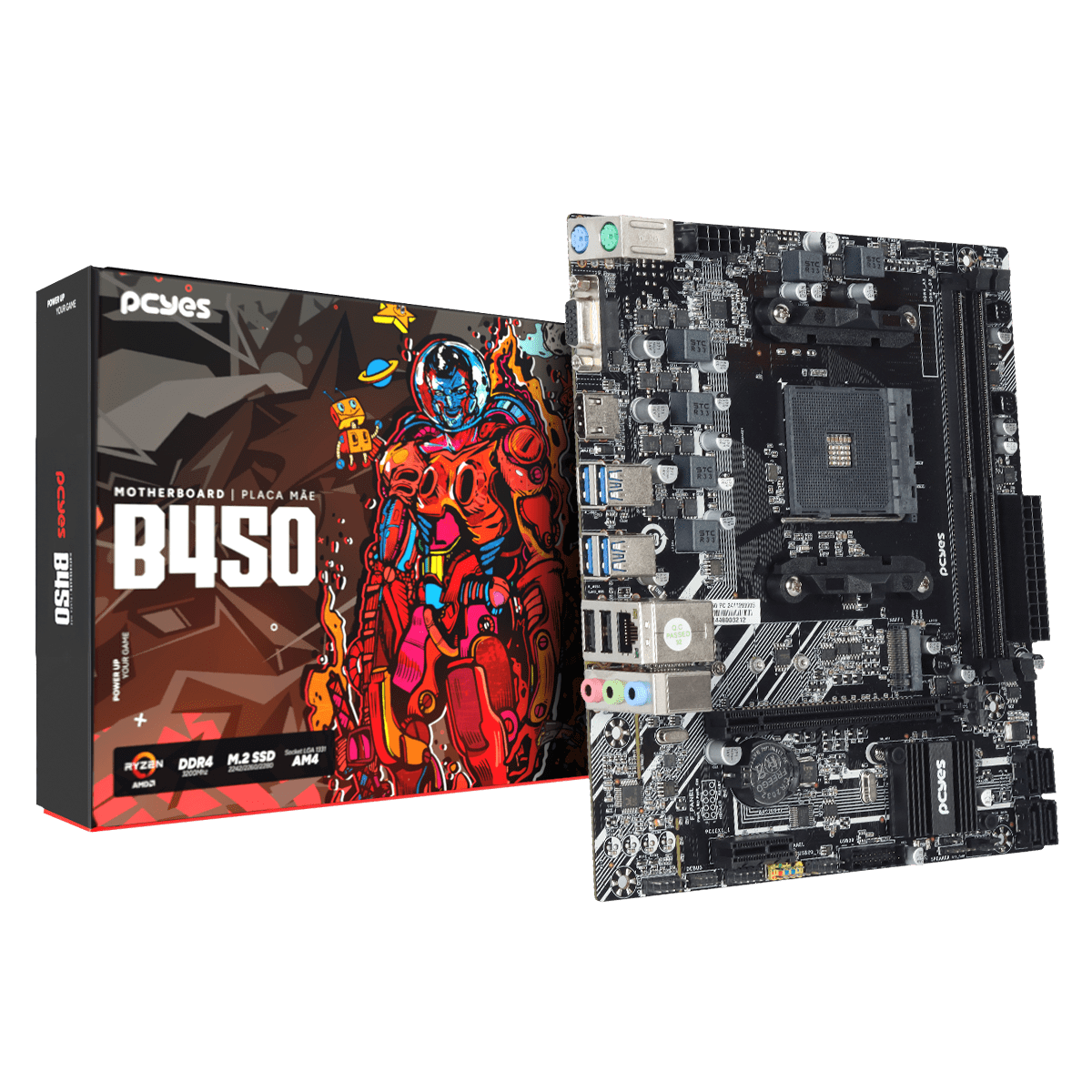 PLACA MAE PCYES B450 AM4 2XDDR4 (MAX 64GB) M.2 NVME 4XUSB 3.0 2XUSB 2.0 REDE 1000 HDMI/VGA M-ATX - PCYB450-RZ564